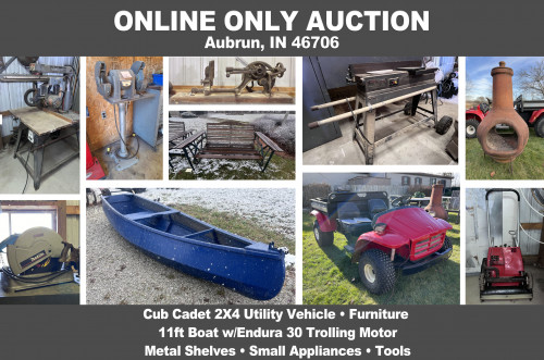 ONLINE ONLY Personal Property Auction_Auburn IN, 46706_Cub Cadet Utility Vehicle, Outdoor Tools, Shelving