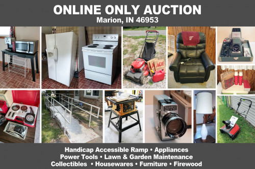 ONLINE ONLY Personal Property Auction_ Marion, IN 46953 _Lawn Equipment, Tools, Furniture, Collectibles, Housewares, Firewood