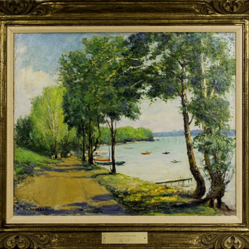 Homer Davisson oil painting "Canoe Landing with Dock"