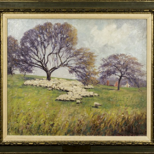 Homer Davisson oil painting "Big Flock Sheep Under Tree"