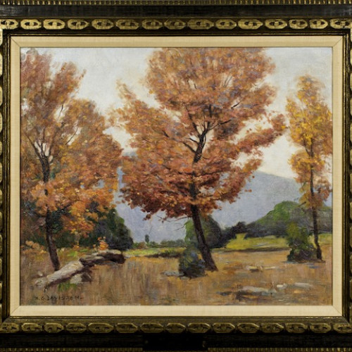 Homer Davisson oil painting "Autumn Red Gold Trees"