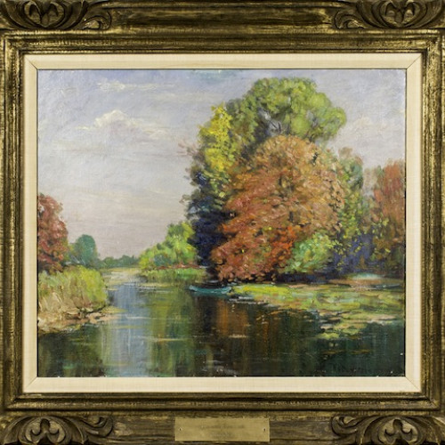 Homer Davisson oil painting "Canoe Trees River"